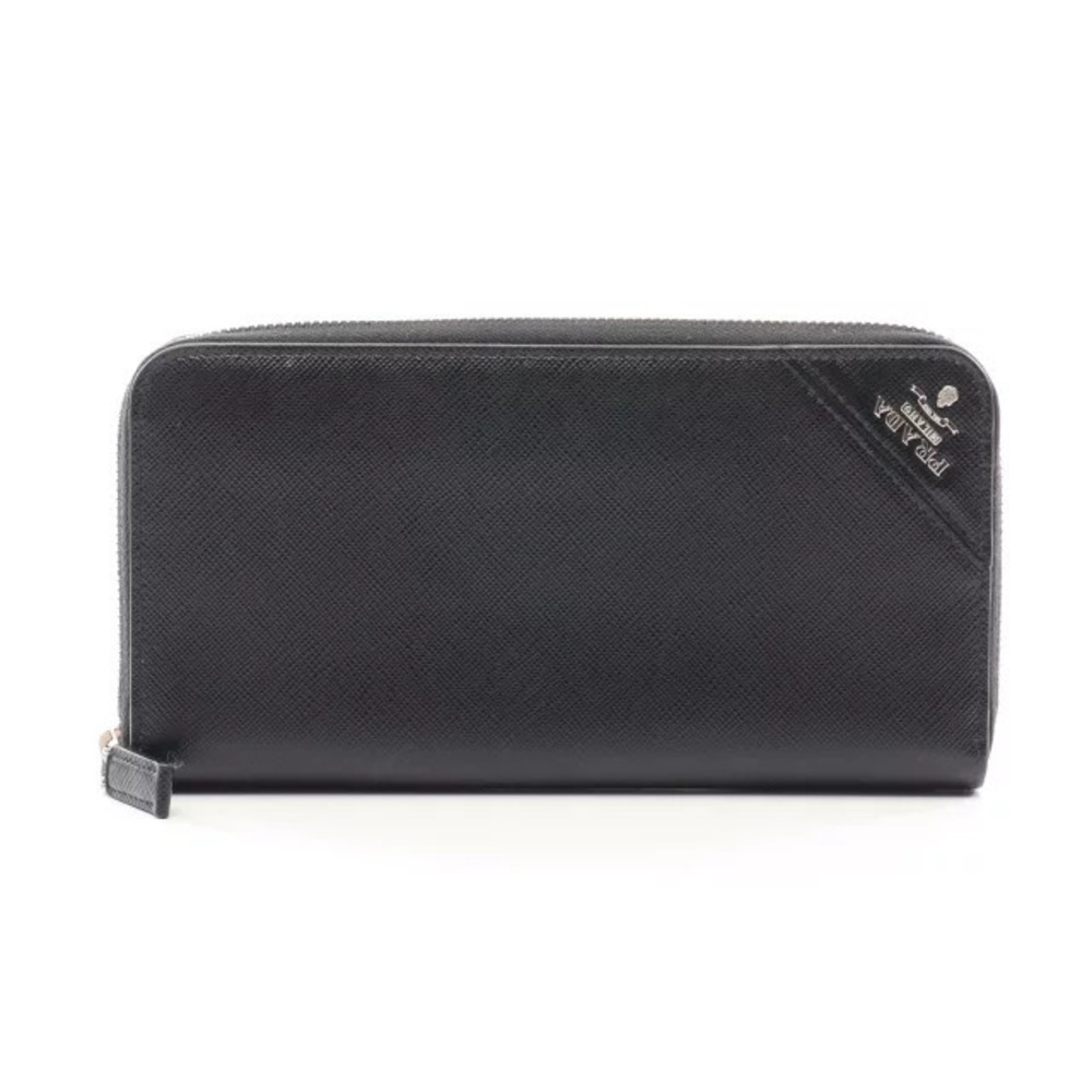 Prada Saffiano Metal Round Long Wallet Leather Black